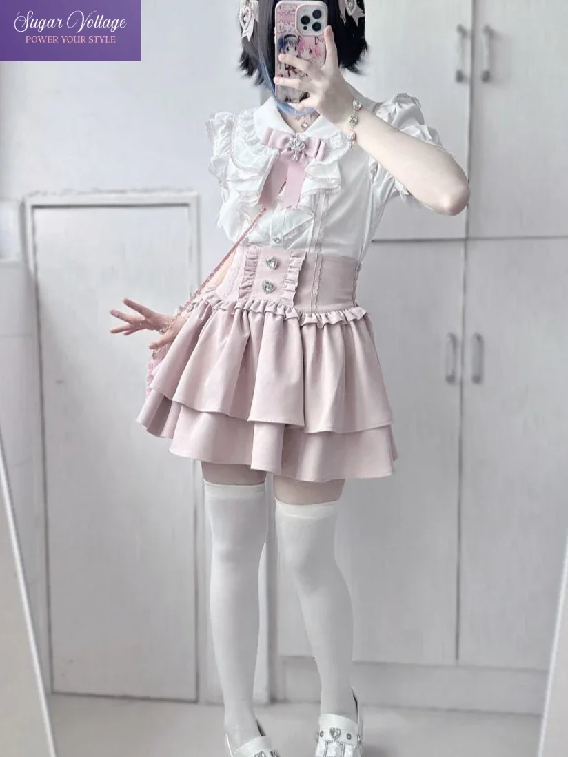 اليابانية لطيف الحلو Y2k لوليتا كعكة تنورة المرأة هايت الخصر حجر الراين منقوشة تكدرت الطبقات التنانير Kawaii ألف خط التنانير الصغيرة #2