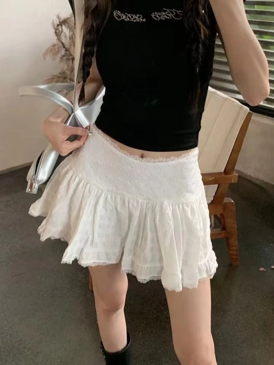 Lace Trim White Sweet Mini Skirts Summer A-line High Waist Folds Texture Short Faldas Woman Casual Cute Preppy Style Y2k Skirt