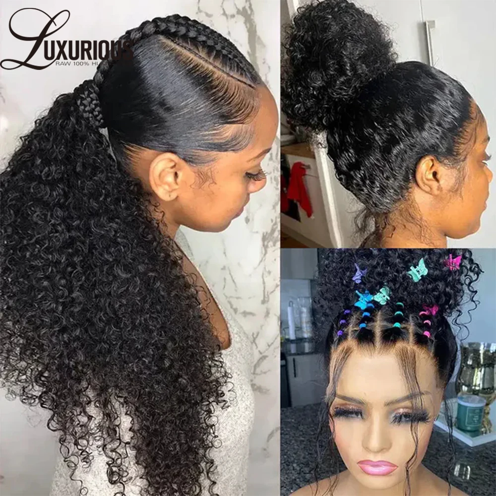 Peruca encaracolada profunda brasileira com bordas do círculo, cabelo humano, cabelo remy, frente cheia do laço, 360, 13x4, 13x6, 250%