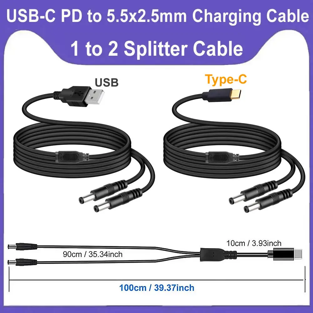 

5V USB Type-C to Dual DC Splitter Cable USB C PD to DC 5.5x2.5mm Power Supply Cord for LED Strip TV BOX Camera Wireless Router