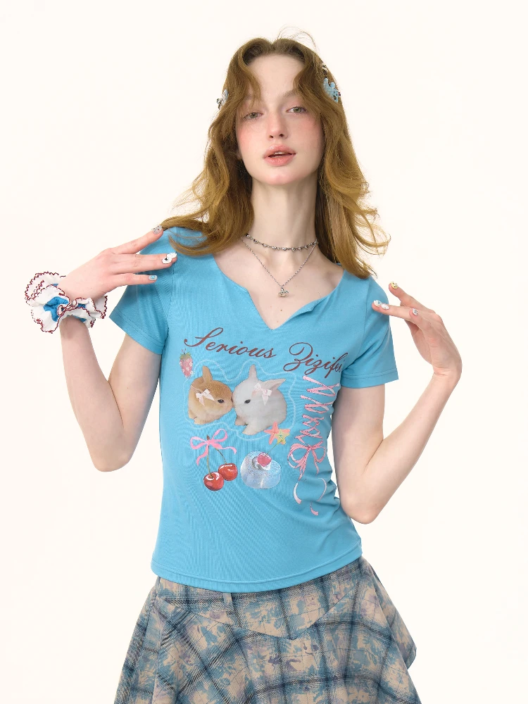 

Slim Fit ort Sve V-Ne с принтом кролика, топ в стиле ретро, американский дизайн, женская футболка, летняя мода, креативный мультяшный узор