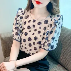 Blusa informal coreana con estampado de lunares para mujer, camisa de manga corta empalmada con volantes que combina con todo, moda de verano