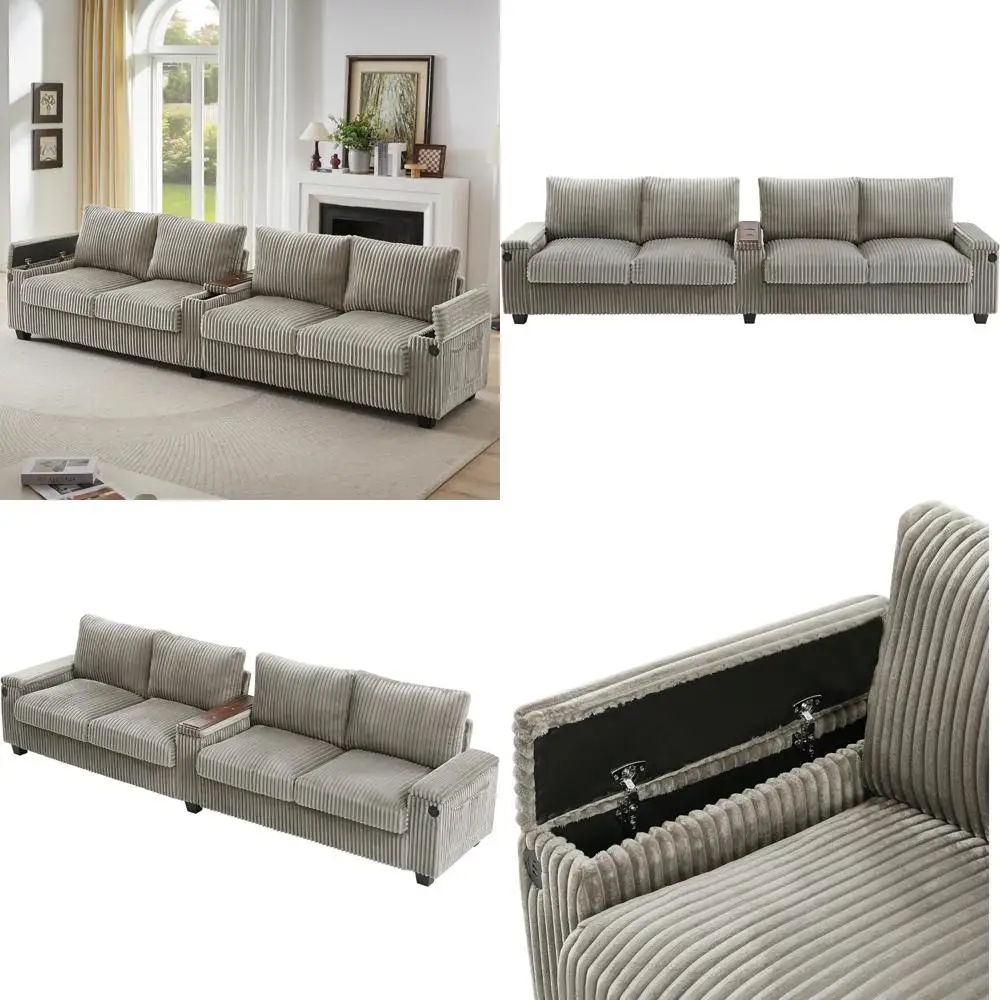 ذراع تخزين قابل للتحويل، أريكة سروال قصير بأربعة مقاعد مع حاملات أكواب قابلة للطي وميزات تخزين مخفية