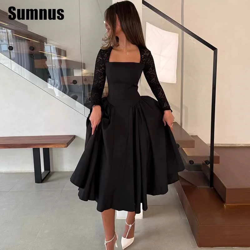 

Sumnus Elegant Black A-Line Prom Dress Square Collar Lace Long Sleeves Tea Length Draped Party Dresses فساتين سهرة Customized