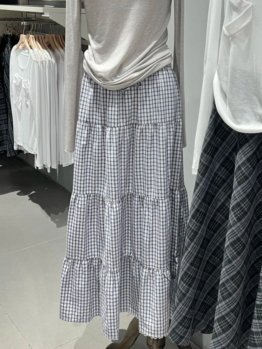 Falda larga a cuadros con cordón para mujer, Faldas largas Vintage simples acampanadas con cintura elástica, moda informal dulce, Jupe inferior