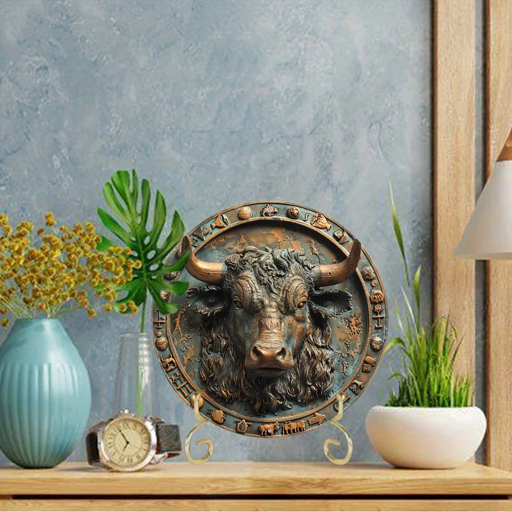 2D Round Aluminum Flat Sign, Zodiac Ox Themed Decoration Office Room Home Door Decorations, Holiday Gifts, Wall Art Decor