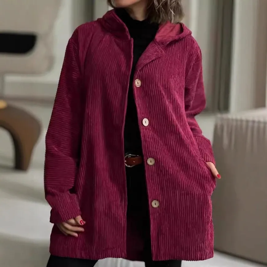 Hooded Casual Coat Mid Length Japanese Korean Casual with Single Breasted Multi Button Loose Fit Pocket Detail Women Jacket