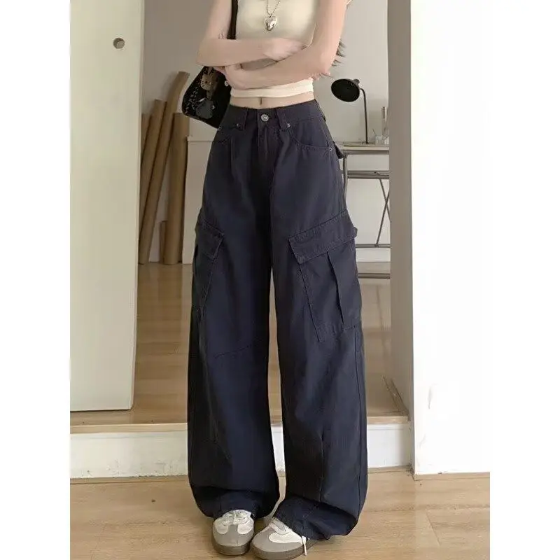 Calças Jeans Casuais Soltas de Corte Reto Estilo Workwear Americano High Street com Múltiplos Bolsos e Design de Faca para Ho...