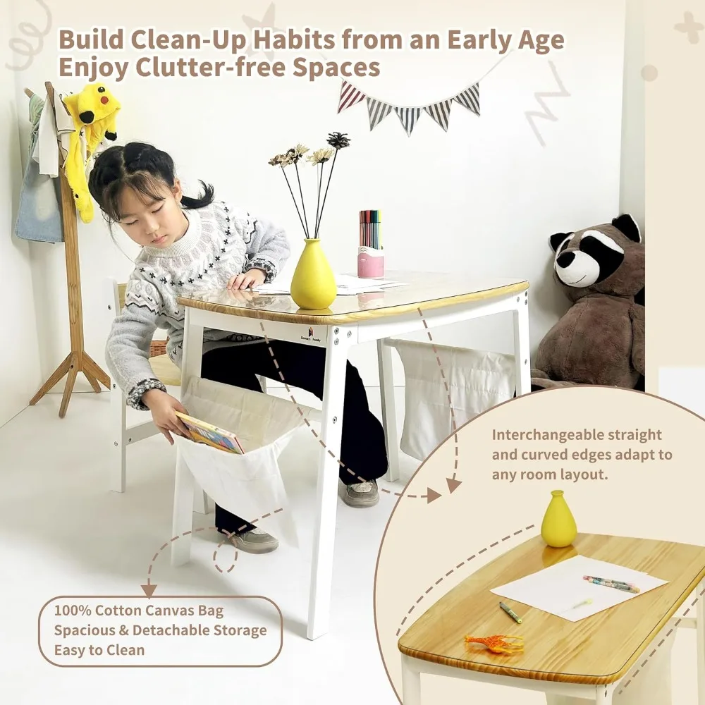 عائلة ديماتش ® طقم مكتب وكرسي للأطفال - خشب صنوبر نيوزيلندي طبيعي، طاولة دراسة على الوجهين مع واقي من مادة PVC وحقائب قماش، e #3