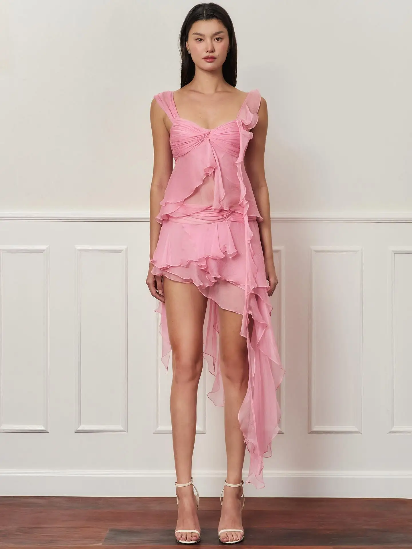 Novo rosa assimétrico plissado chiffon vestido de verão romântico alta-baixa malha em camadas vestidos de festa de noite feminino a-line mini vestir
