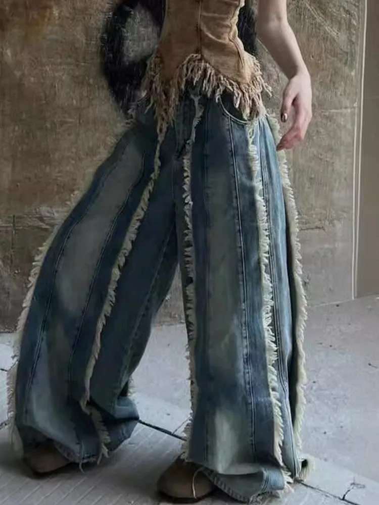 LGRQ 2025, Frühjahr Neue Frauen Volle Länge Denim Hosen Quasten Gespleißt Taschen Distressed Waschbar Breite Bein Hosen Weibliche 19ZZ1699