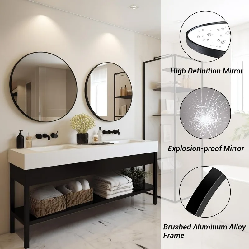 Black Round Mirror, Round Mirror 24 inch, Black Circle Mirror Metal Frame, Round Wall Mounted Mirrors for Living Room