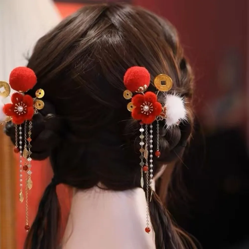 

Festive Pearl Chinese Style Ancient Hairpin Red Fuzzy Ball Hanfu Hair Clip With Tassel Girl Headdress Women