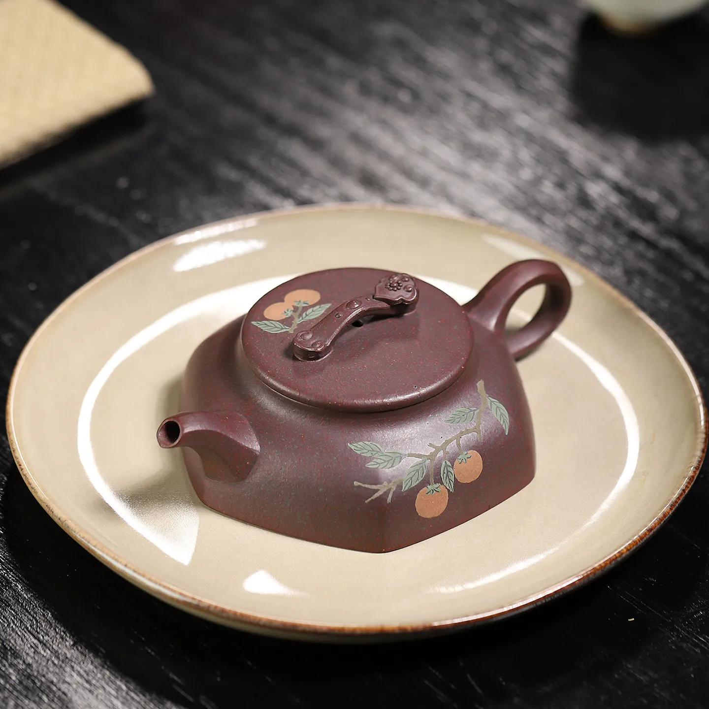 Handmade Red Clay Zisha Teapot 150ml Clay Painted Persimmon Decoration Tea Pot for Relaxed Tea Breaks and Serving Rituals