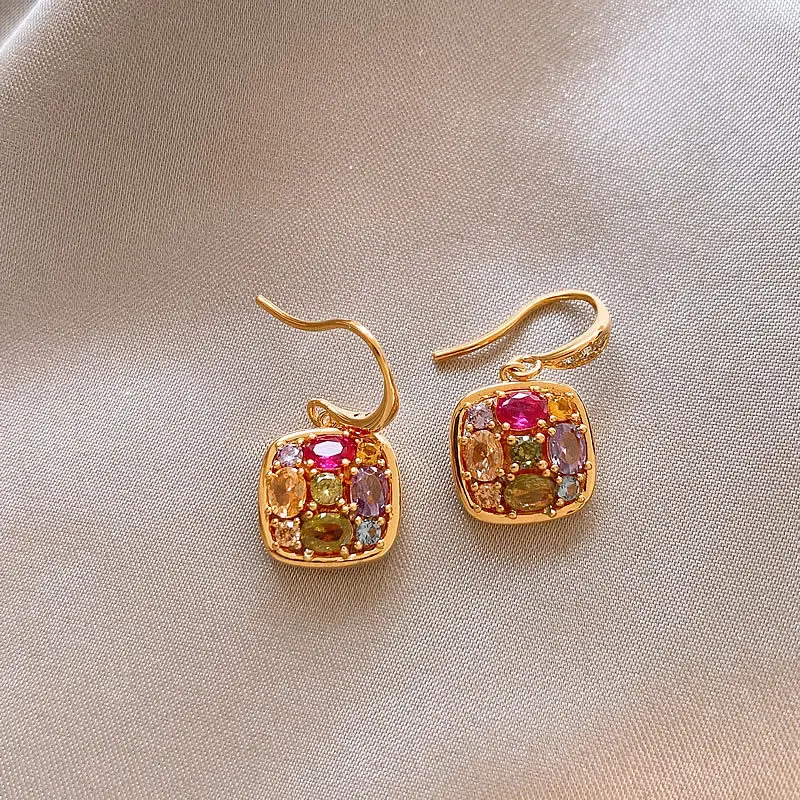 Korean New Design Fashion Jewelry 14K Gold plated Square Colored Zircon Pendant Earrings Elegant Women Daily Work Accessories