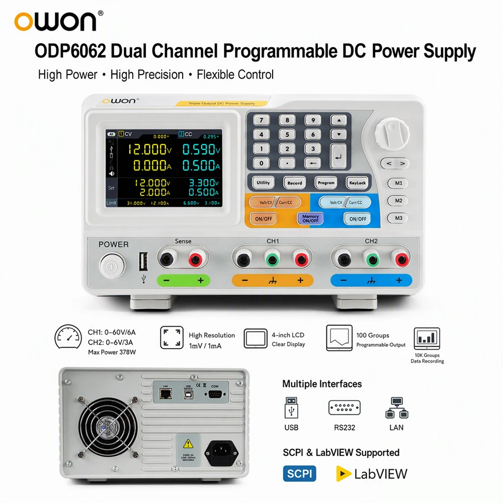 OWON ODP6062 Programmable DC Power Supply Dual Output 0-60V 6A 0-6V 3A 378W Bench Lab Power Supply 1mV 1mA USB RS232 LAN SCPI
