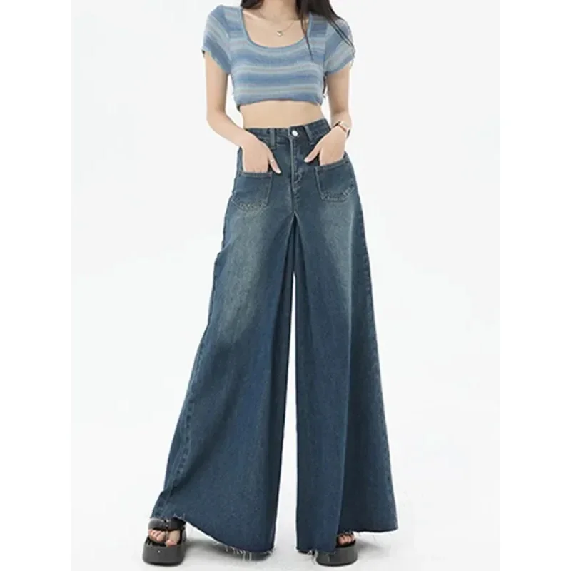 

High Waist Flare Jeans for Women Fall Winter Vintage Fashion Baggy Pants High Street Wide Leg Denim Trousers Ladies Casual Jeans