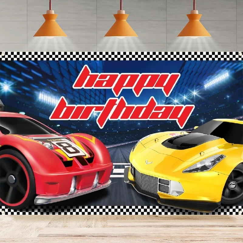 Photography Backdrop Banner Red Yellow Race Car Competition Theme Decor Racing Checkered Flag Men Boys Birthday Party Background