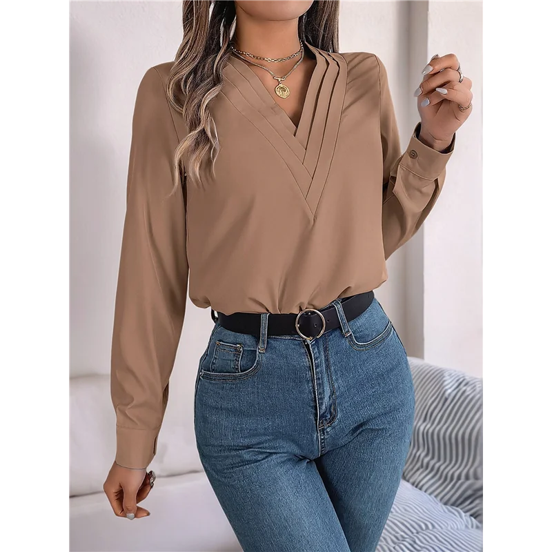 

AG-Women's Blouses Dressy Casual Triple V Neck Long Sleeve Blouse Business Work Tops