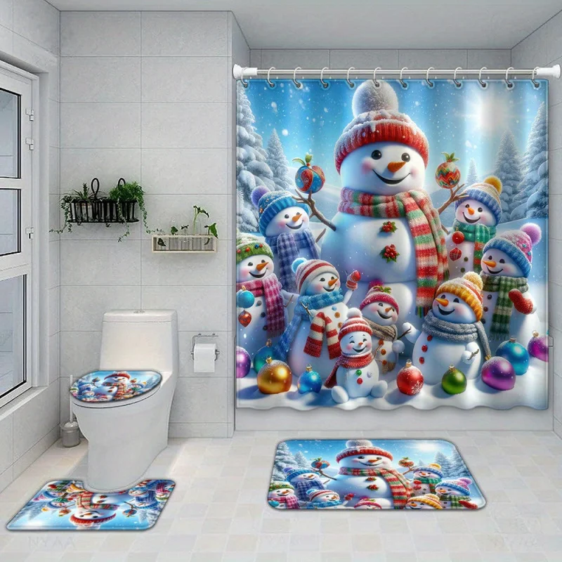 Jolly Christmas Snowman Family Print Shower Curtain Set with 12 Hooks, Bath Mats, Toilet Seat Cover, and U-Shaped Pads - Waterpr