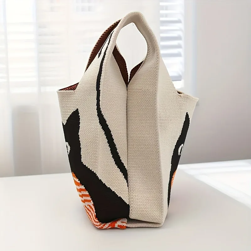 1pc Casual Cat Pattern Jacquard Satchel Bag, Lightweight Shopping Handbag, Versatile Small Handbag image 2