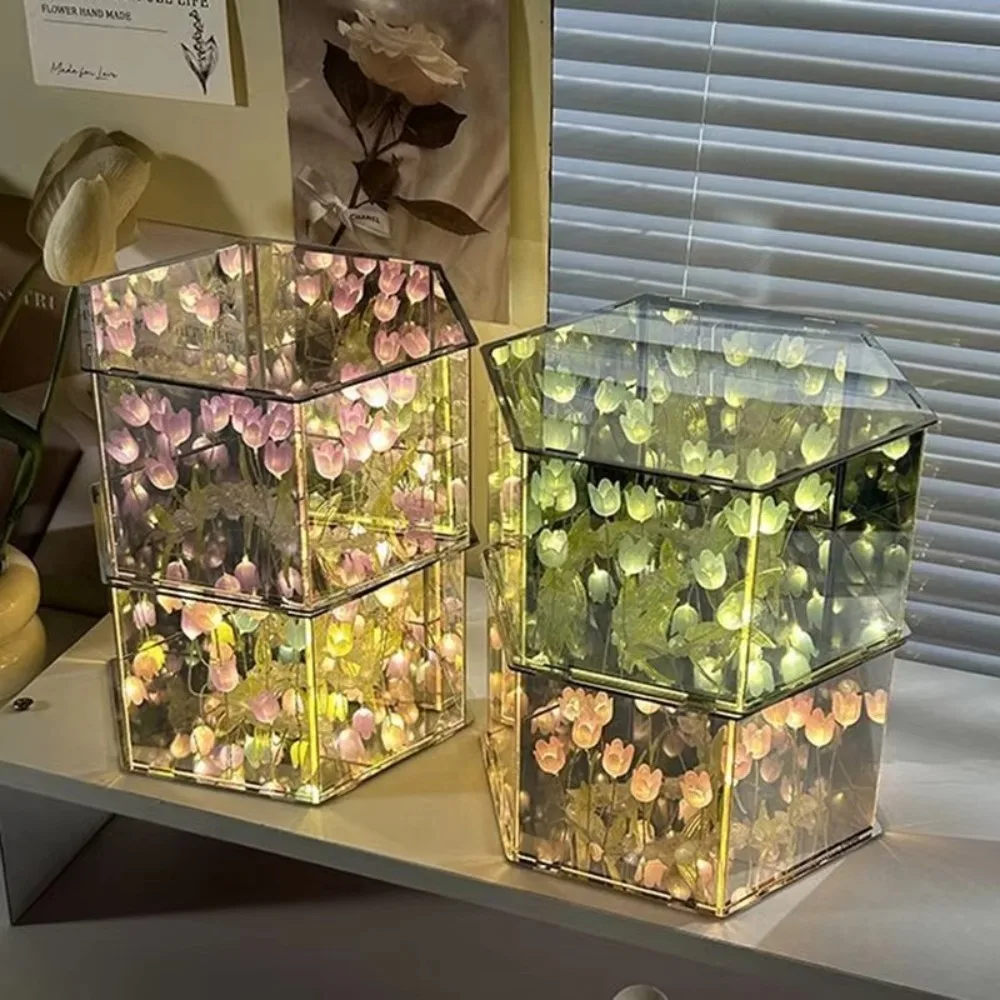 New Handmade Tulip Night Light Acrylic Desktop Decoration LED Flower Lamp DIY Assembly Tulip Mirror Lamp Bedroom Decor