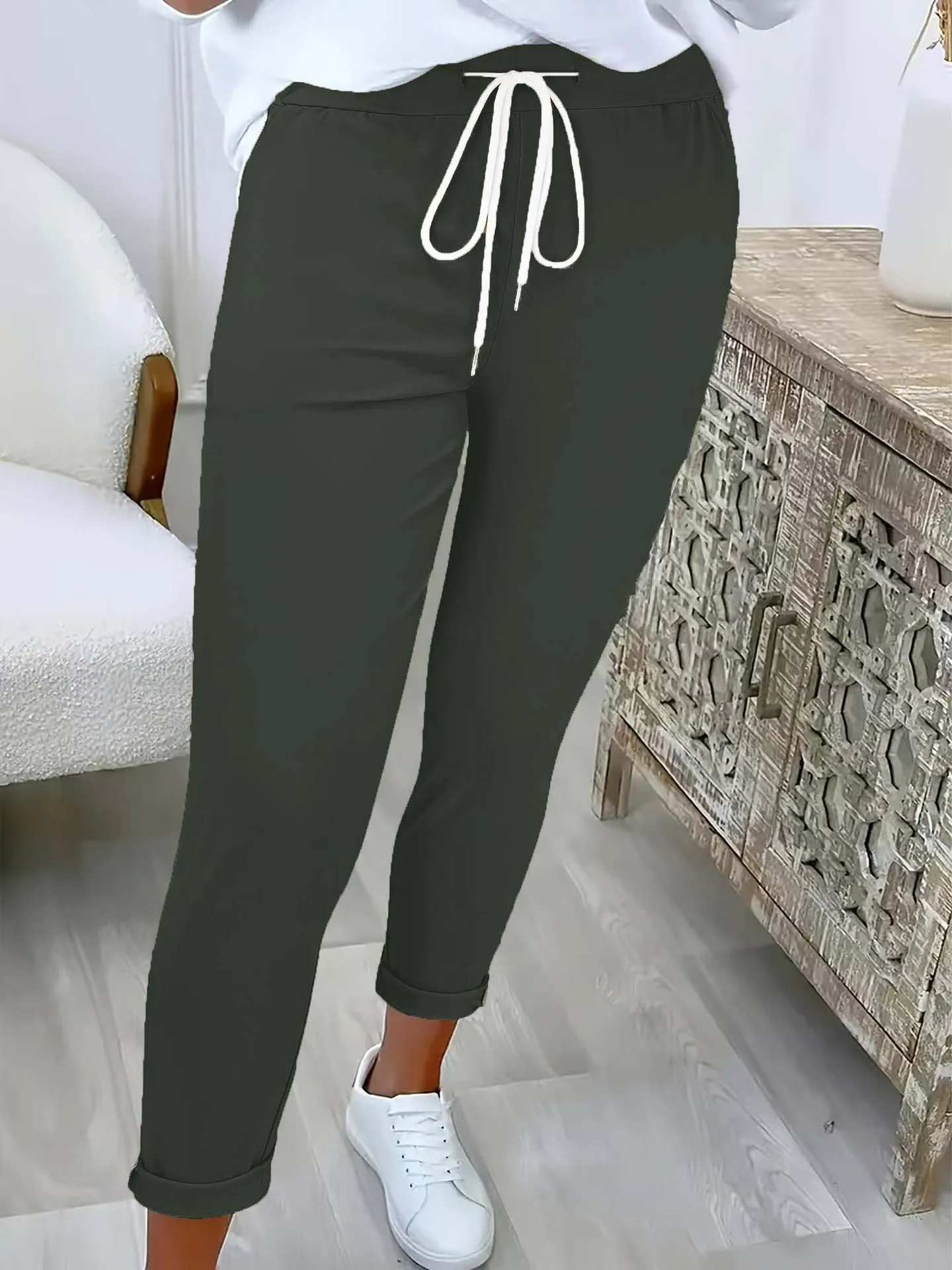Women's Elastic Drawstring Waist Ankle-Length Pants Small Feet Tied Mouth Solid Color Female Casual Trousers with Cuffed Hem