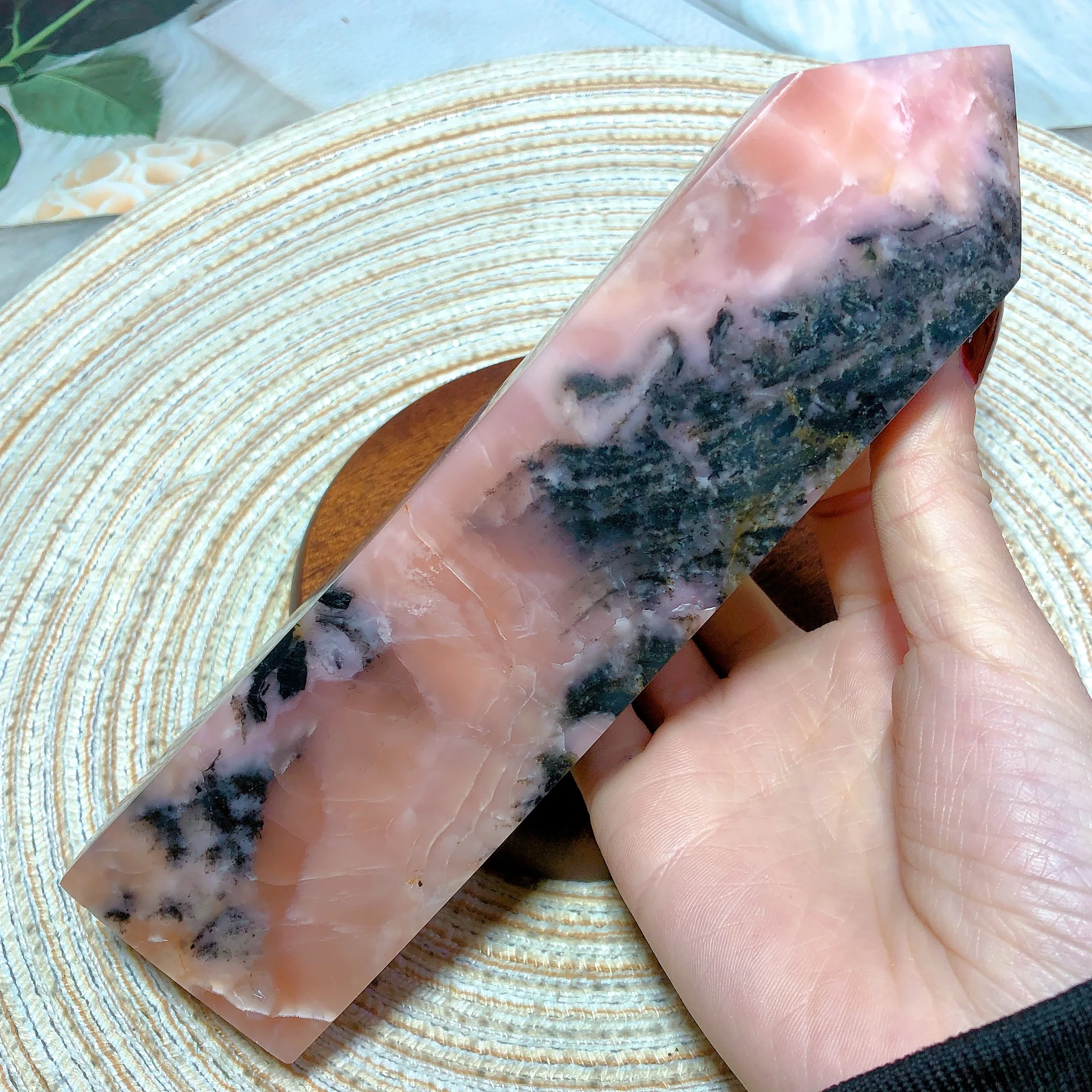 Natural Crystal Rhodonite With Black Tourmaline Tower Point Painting High Quality Healing Mineral Stone Painting Holiday Gift