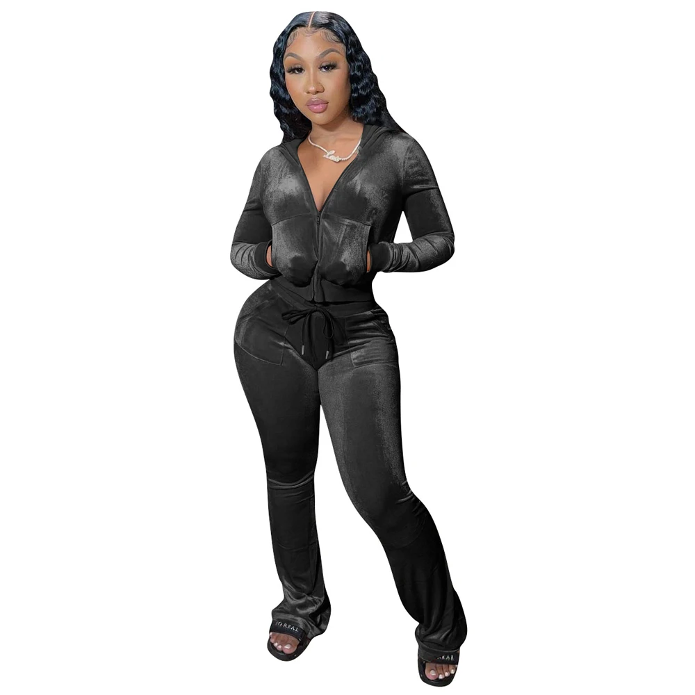 JENYAGE Damen Y2K Einfarbiger Velours Zweiteiler Trainingsanzug mit Reißverschluss-Kapuzenjacke und ausgestellter Hose mit Kordelzug, lässiger Jogginganzug – Detail 17