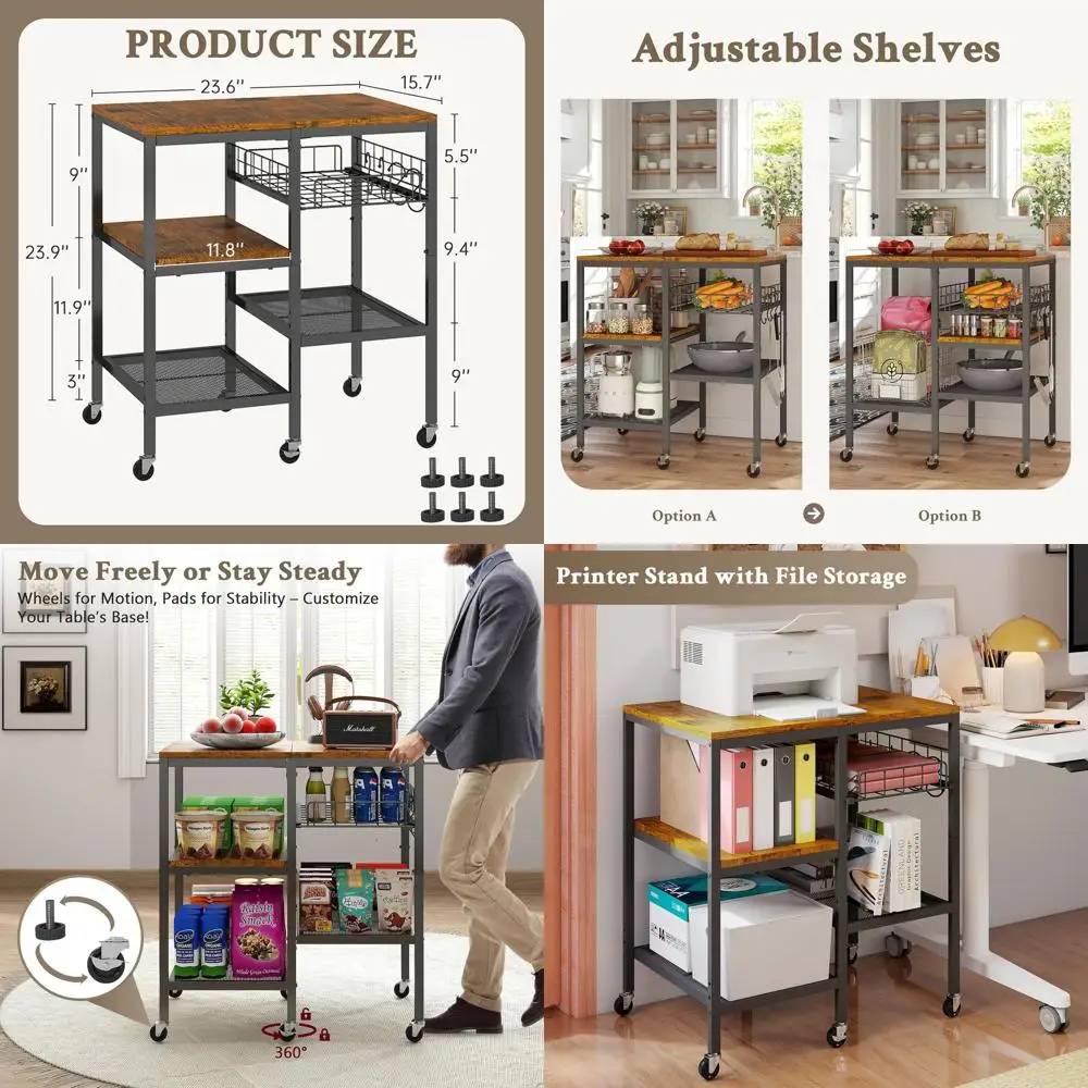

4-Tier Rolling Kitchen Cart with Adjustable Stand, Storage, and Wheels for Microwave, Baker's Rack, and Coffee Cart Use