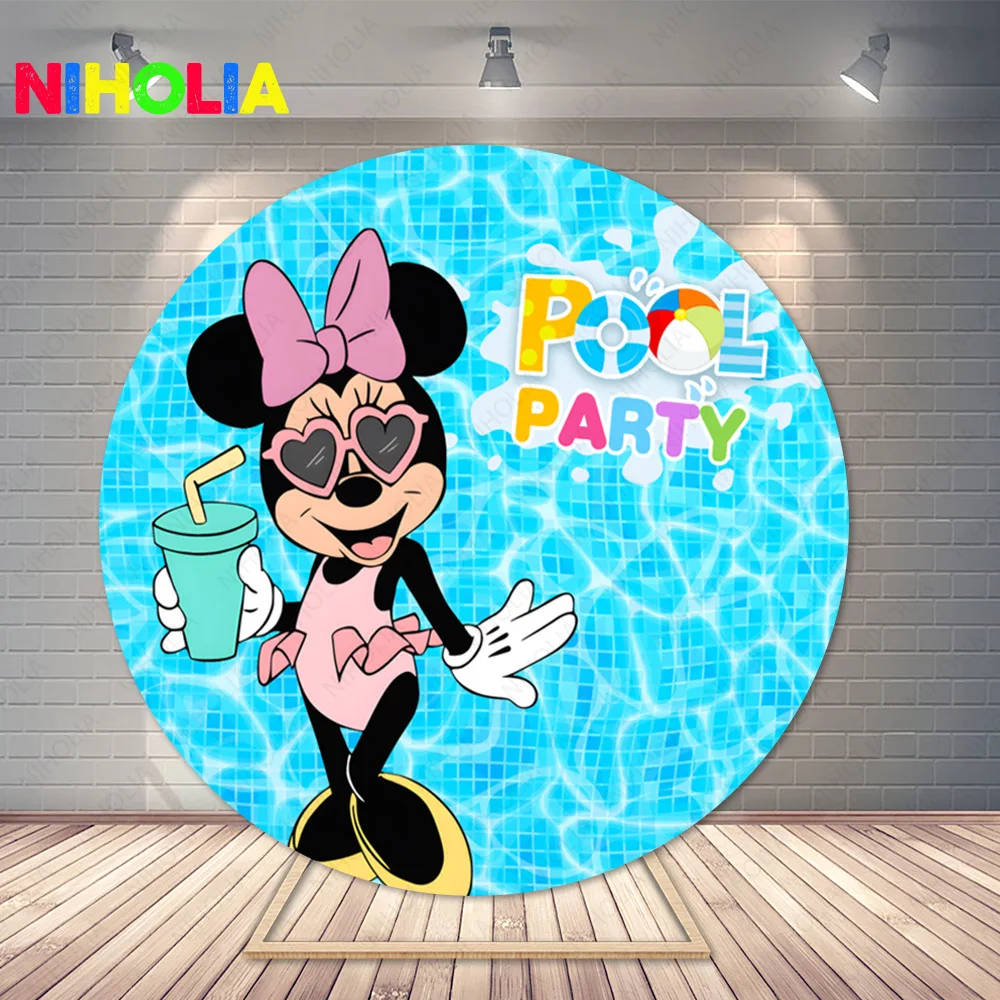 Minnie Mouse Backdrop para meninas, fundo redondo de fotografia, elástico, festa na piscina, decoração de aniversário