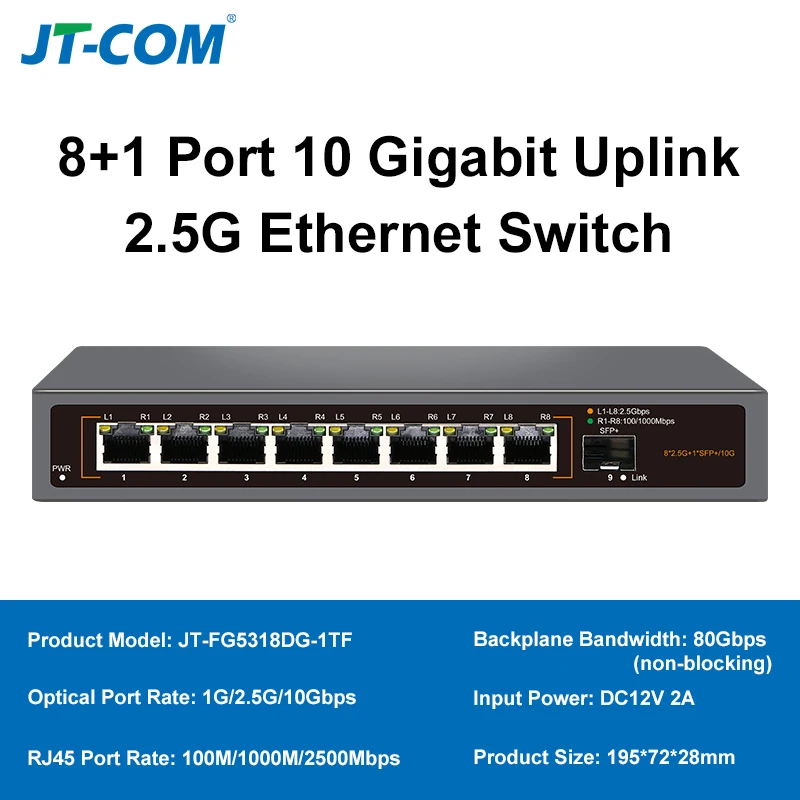 

2.5GbE Network Switch 8 Ports 2.5G RJ45 with 1 Port 10G SFP+ ethernet Switch Fanless Plug and Play Desktop Wall Mounted