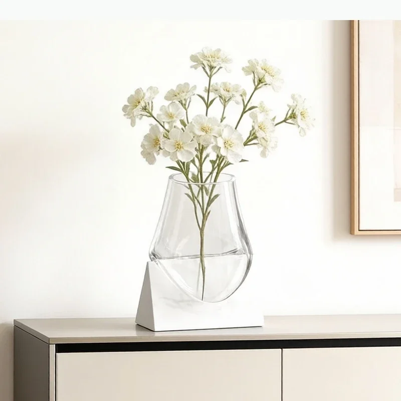 Creative Imitation Fluid Glass Vase Marble Base Plant Pots Table Decoration Flower Arrangement Floral Vases Room Aesthetic Decor