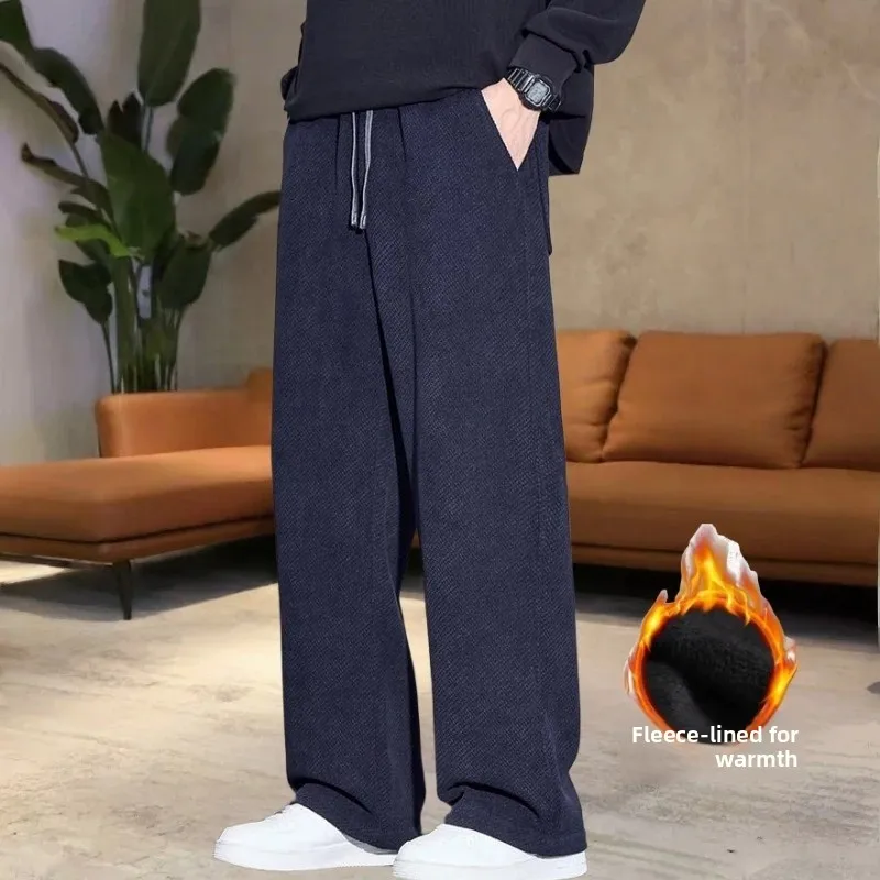 

Men's Knitted Casual Pants Autumn Winter Loose Straight Leg Diagonal Stripe Slimming Drape Trendy Scratch Resistant Long Trou...