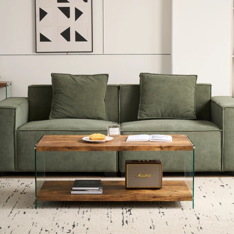 

Brown MDF Coffee Table Small Tea Table Walnut Tempered Glass Sofa Table Small Apartment Wood Tea Table