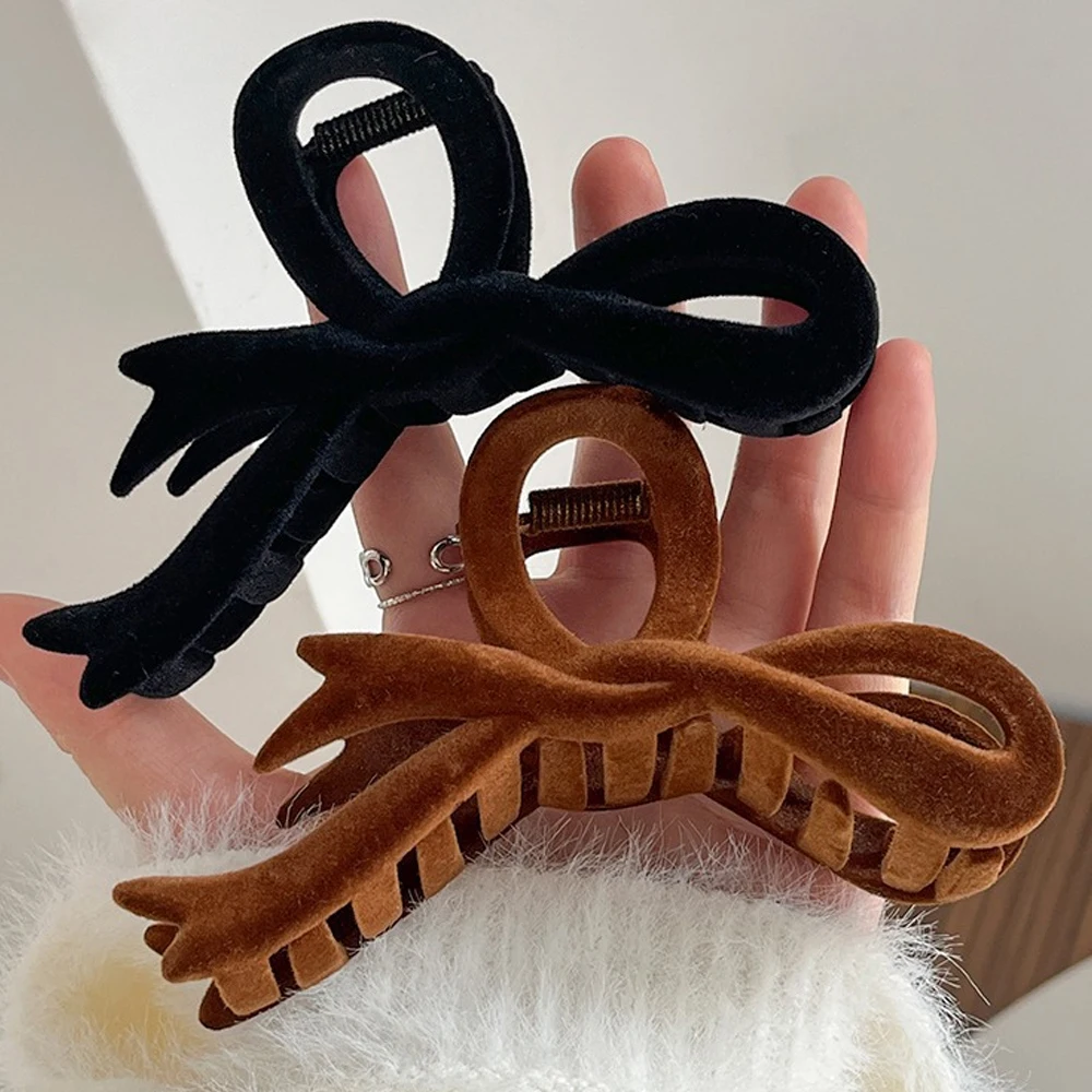 Elegant Velvet Bowknot Shaped Hair Claw Non-Slip Acrylic Shark Hair Grab For Women Girls Thick Curly Long Hair Daily Headwear