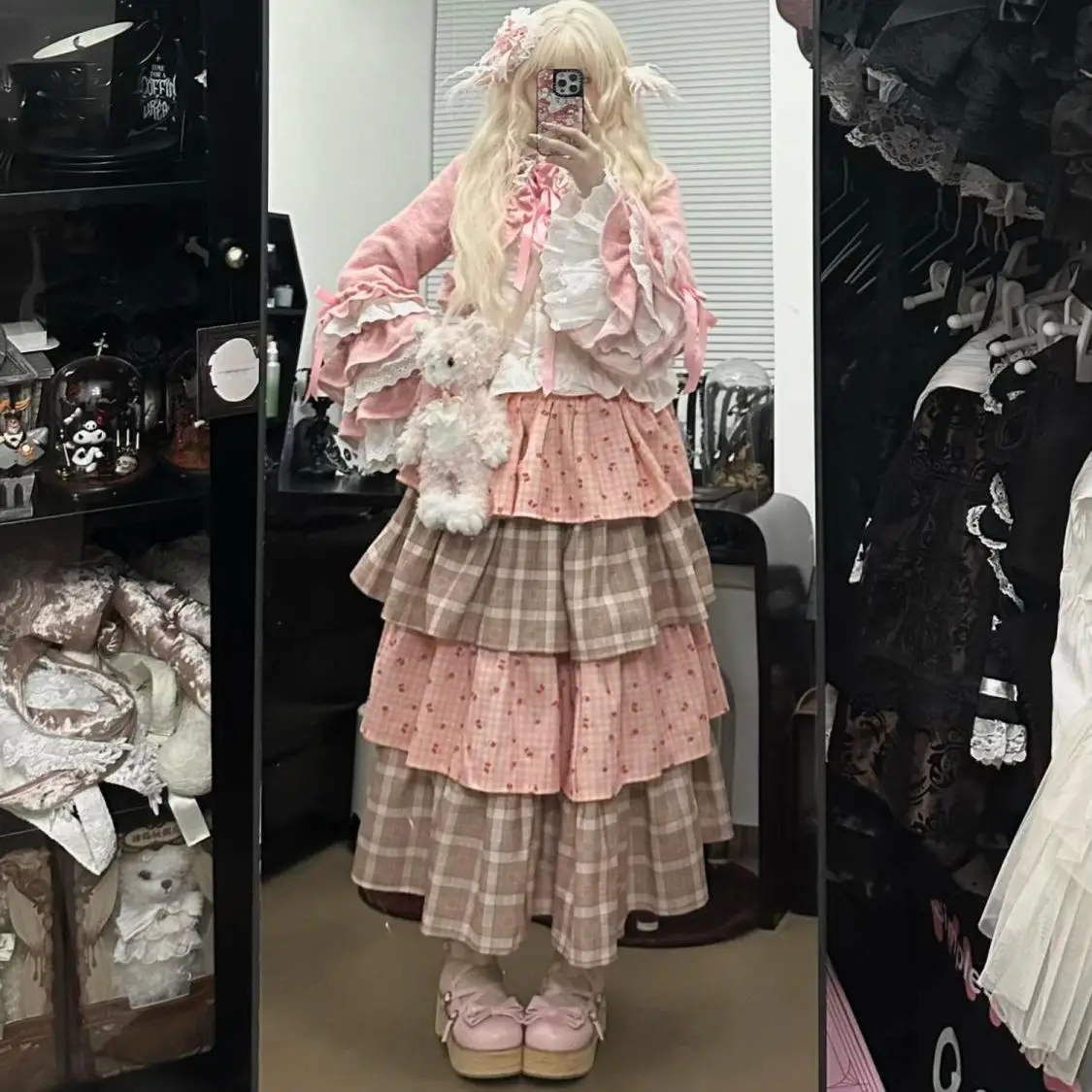 Vintage Y2K Multi-layered Patchwork Puffy Skirt Women's Cute Faionable f-length Skirts for Young Women 8-25 Years Old