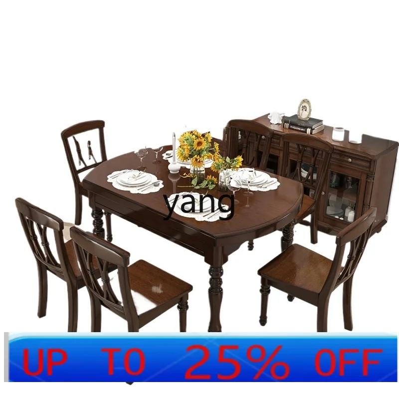 

LH folding telescopic variable round table home country retro all solid wood dining table and chairs