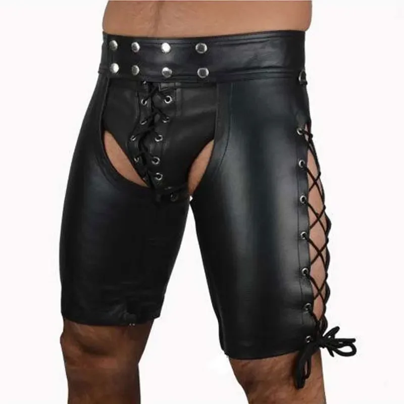 Men Sexy Lingerie Shorts Gay Faux Leather Lace Up Pants Black Mens Latex PVC Bondage Open Cortch Shorts Gothic Fetish