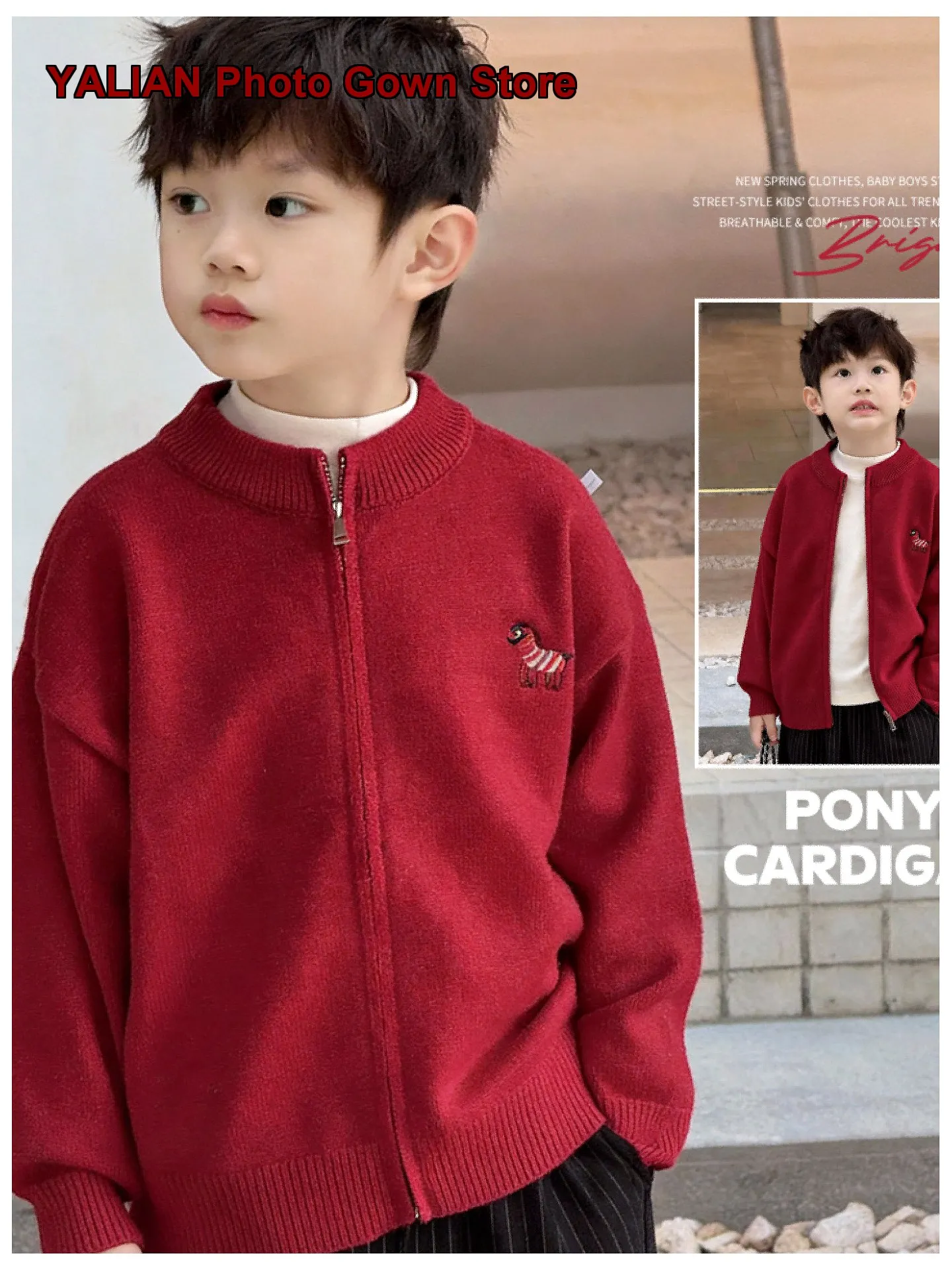 Boys Red Zip-Up Knit Sweater Spring Autumn Fashionable Children’s Fall Wear Toddler Kids