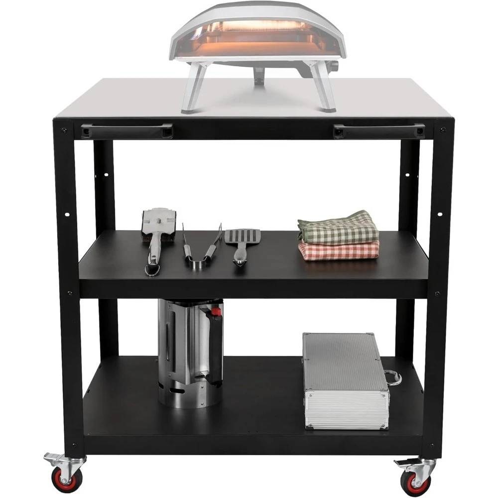 جودة عالية - طاولة فرن بيتزا كبيرة متحركة بثلاثة أرفف للاستخدام الخارجي، عربة شواء من الفولاذ المقاوم للصدأ مقاس 36 × 24 بوصة مع عجلات #1