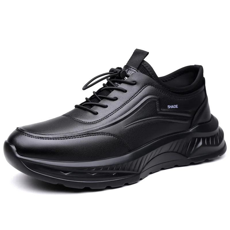 

Autumn Winter New Designer Casual Sneakers for Men Elastic Band Black Cow Leather Shoes Man Fashion Platform Sports Shoes Male