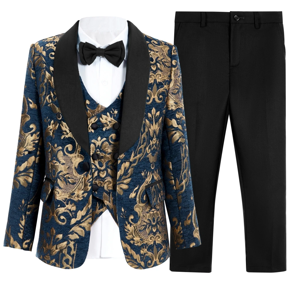 Gold Floral Boys Suit Set Shawl Neck Kids Formal 4 Pieces Suits Wedding Ring Bear Tuxedo One Button Boy\'s Suits 3-14 Years