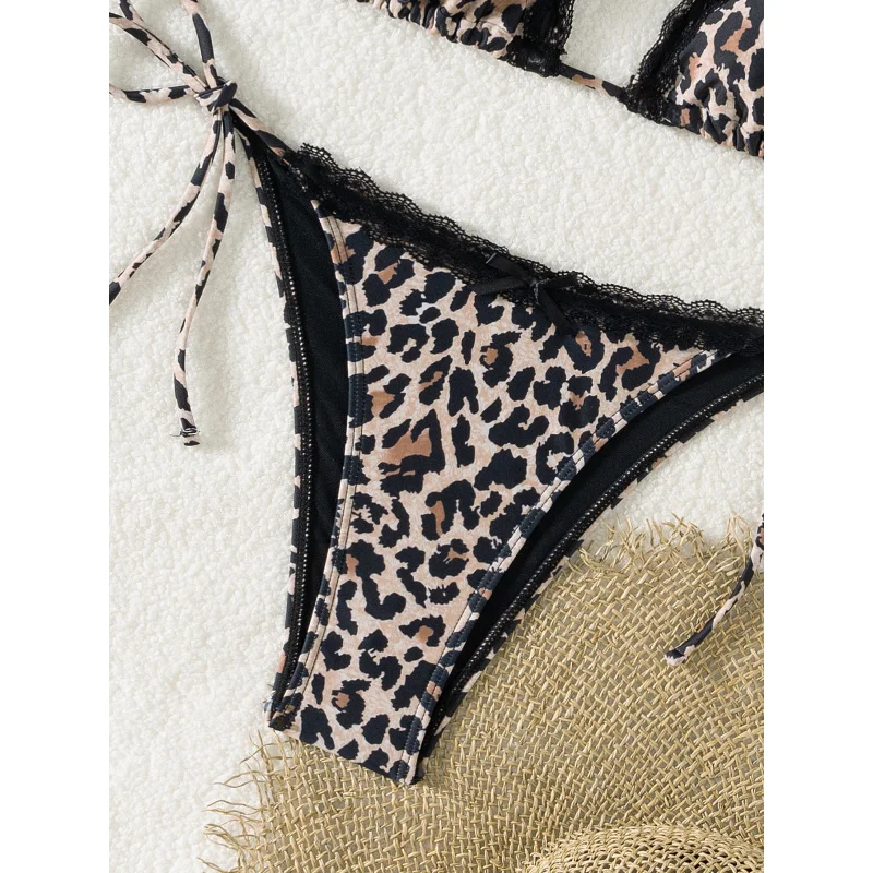 New Sexy Leopard Print Bow Lace Patchwork SwimsuitbikiniWomen's Two-Piece Swimsuit Wholesale