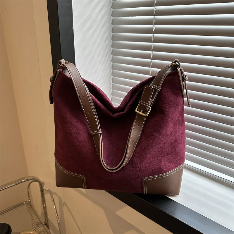 Women Large Capacity Frosted Suede Shoulder Underarm Bag Fashionable Patchwork Contrast Color Tote Bags Travel Messenger Bag