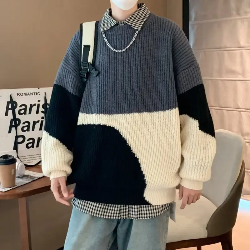 

Men's Knitted Sweater Autumn Winter Thi Warm Loose Fit Color Blo Baseball Collar Long Sve Casual Outerwear Coat