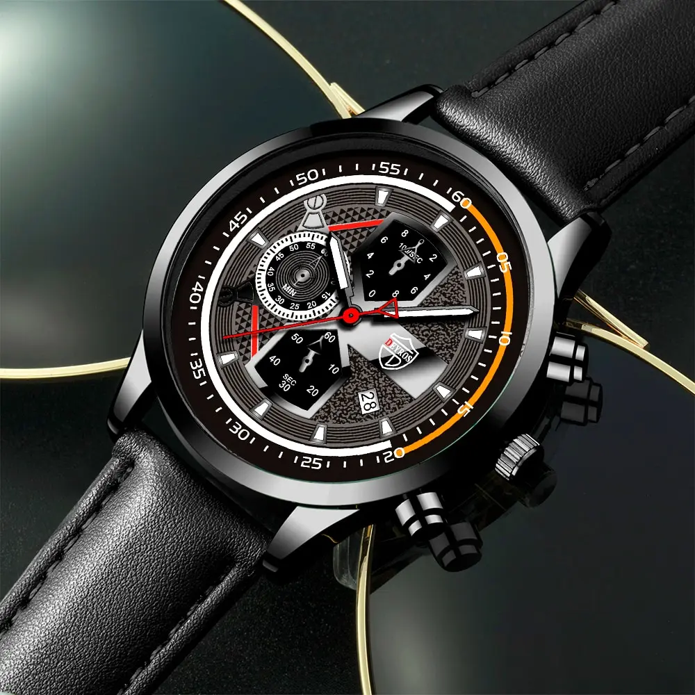 3PCS Set Fashion Mens Calendar Watches Male Business Casual Black Leather Quartz Watch Men Necklace Bracelet Wrist Watch