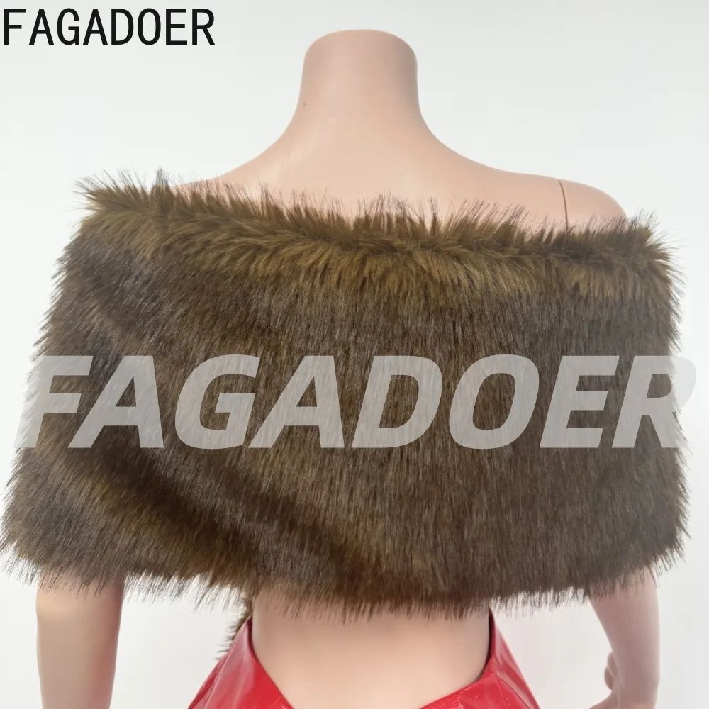 FAGADOER Winter sexy bont patchwork vrouw 2-delige set outfit off showlder onregelmatige crop top + leren rok vrouwelijke streetwear