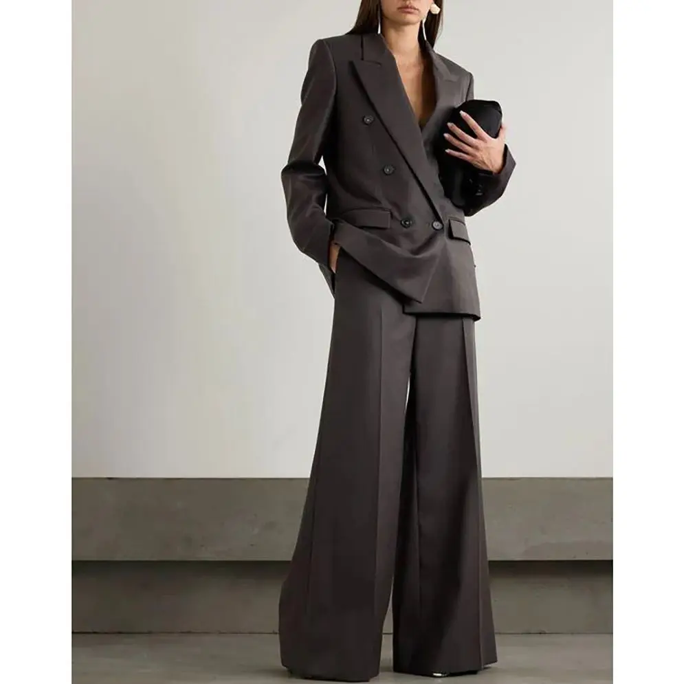 Chic Loose Dark Brown Double Breasted Women Pants Set High-end Female Two Pieces(Jacket+Trousers)أطقم بناطيل