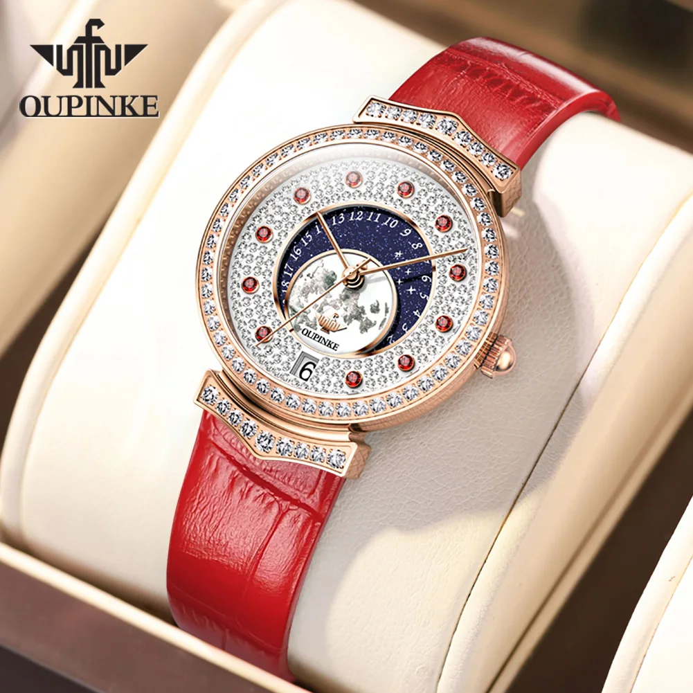 

OUPINKE 3218 Swiss Quartz Women's Watches Fashion Leather Strap Waterproof Moon Phase Full Diamond Ladies Dress Wristwatches